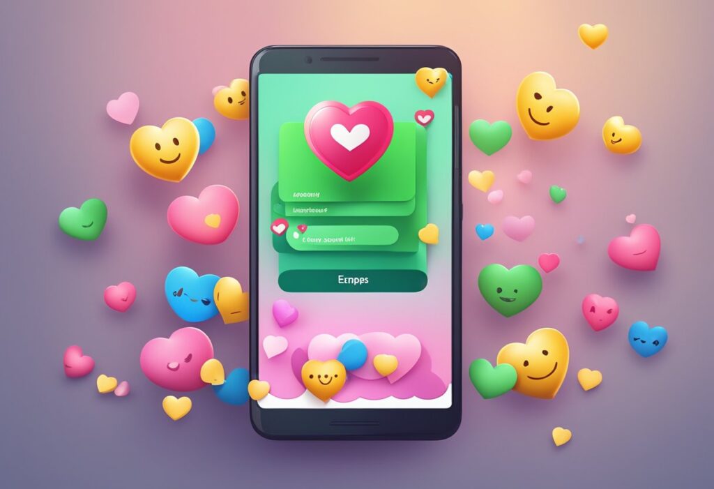 Um smartphone exibindo mensagens de glamour no WhatsApp, com emoticons e corações, criando uma atmosfera atraente e sedutora